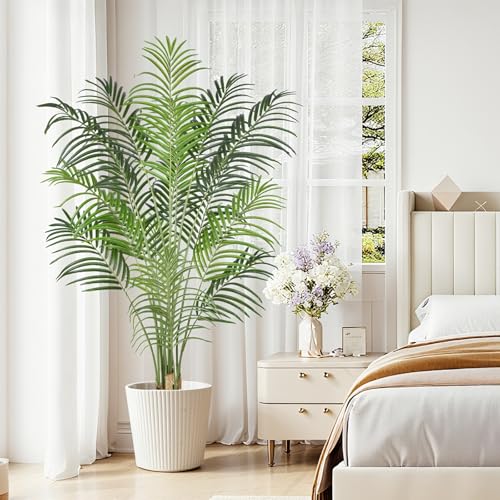 Image of 5.5ft Artificial Palm Tree - 165cm Tall Fake Areca Palm Plant with 15 Leaves and Realistic Bark Design - Faux Tropical Plants with Pot Perfect for Indoor Home, Living Room, or Bedroom Decor