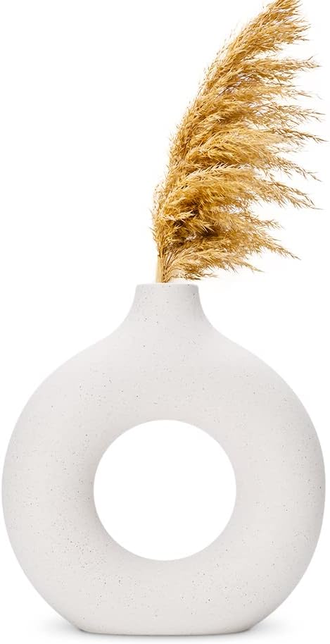 White Ceramic Vases, Flower Vase for Decor, Pampas Grass Boho Vase for Centerpieces, Donut Modern Decorative Boho Decor Vases for Dinner Table, Bedroom, Office or Living Room, Round