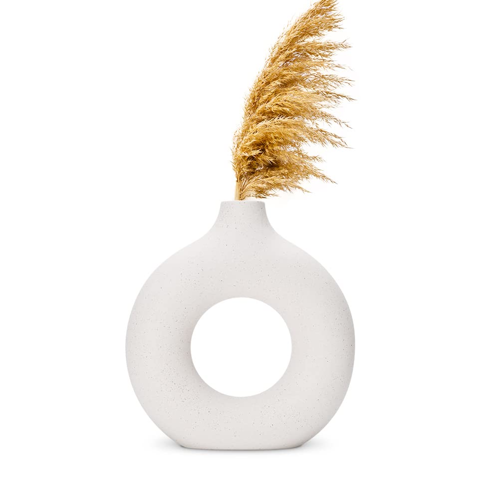 White Ceramic Vases, Flower Vase for Decor, Pampas Grass Boho Vase for Centerpieces, Donut Modern Decorative Boho Decor Vases for Dinner Table, Bedroom, Office or Living Room, Round