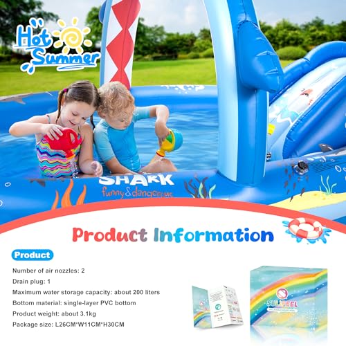 SULIFEEL Shark Inflatable Play Center Kiddie Pool with Slide and Sprinkler for Children