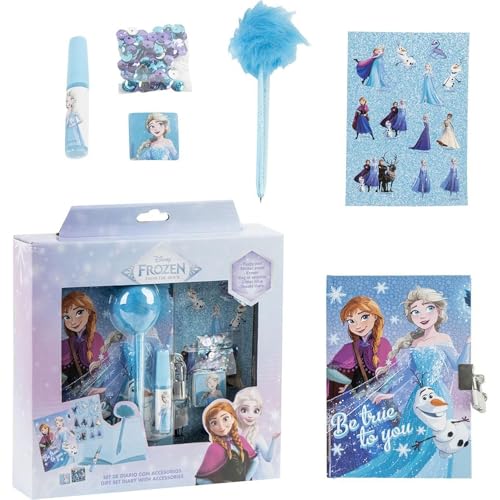 CERDÁ LIFE'S LITTLE MOMENTS Diario Set Frozen - Set diario per bambini con penna fuzzy, adesivi e accessori decorativi di Elsa e Anna