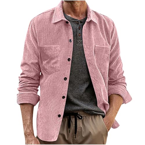 Image of Men's Corduroy Shirts Casual Long Sleeve Corduroy Jackets Lapel Collar Button Down Shirt Tops Shacket Plain Warm Shirts with Pockets Tops Spring Autumn Regular Fit Blouses for Mens Pink