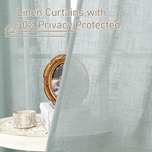 Image of LAMIT Greyish Blue Linen Curtains for Windows 2 Panels Set, 48 Inch Linen Textured Light Filtering Drapes Bronze Grommet Boho Panels for Farmhouse /RV Camper /Loft, 34 x 48 Inch