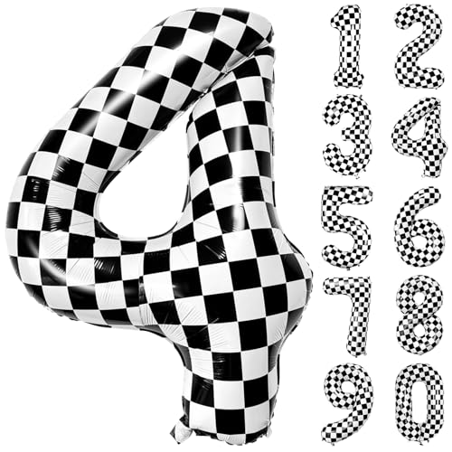 40 Inch Checkered Number Balloon, Aluminum Foil Checkerboard Balloon Black White Checkered Number Balloons for Birthday Party Supplies (4-number)