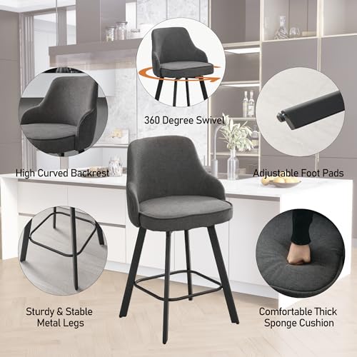 Image of Modern Swivel Bar Stools Set of 4, 26 inch Linen Counter Stools with High Back