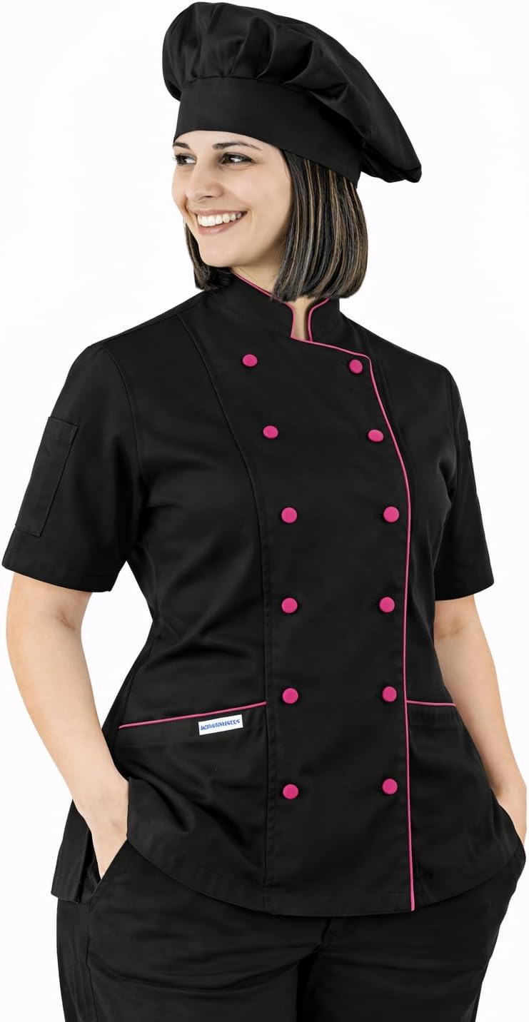 Women’s Tailored Fit Chef Jacket with Matching Chef Hat | Professional Kitchen Uniform | Cloth Covered Buttons