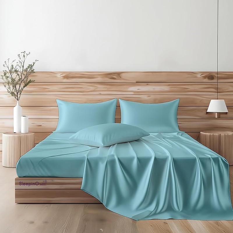 Image of Premium Satin King Size (92x106 Inchs) with 2 Pillow Cover Bedsheet Ultra Soft & Silky Smooth, Breathable Cooling Fabric, Luxury Glossy Finish|Dreamy Blue