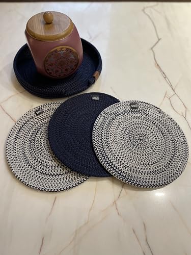 Image of Retro Polypropylene 3 Pc Round Trivet with Basket Holder | Braided Pot MAT, Side Table Mat, Machine Washable Small Place Mat for Casserole for Dining Table (9 inch Dia)