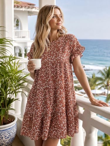 Image of Chuanqi Womens Ruffles Boho Floral Printed Babydoll Loose Swing Casual Short Mini T-Shirt Dress