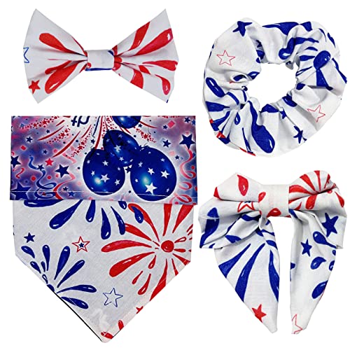 4th of July Dog Bandanas for Boy Girl 4 Pack, Reversible American Flag Scarves Dog Collar Bow Ties & Scrunchie & Butterfly Hair Clips, Pet Patriotic Scarf Bibs for Small Medium Large Dogs Owner Mom