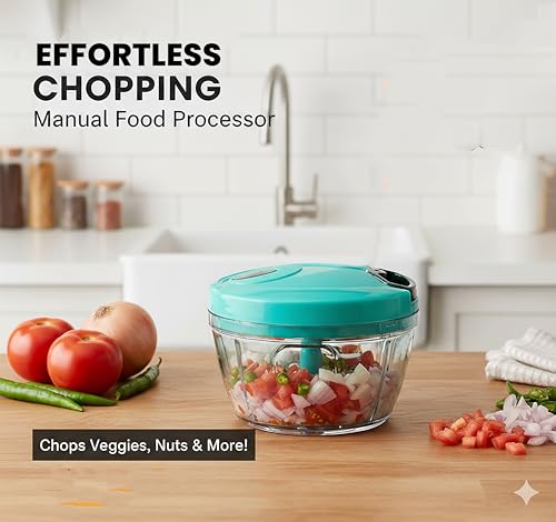 Image of Manual Food Chopper with Pull Cord, 3 Stainless Steel Blades - 450ml Vegetable, Fruit & Onion Cutter - Multipurpose Kitchen Tool (Green)