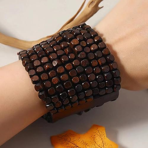 COLORFUL BLING Handmade Natural Wooden Beads Cuff Bracelet Woven Chunky Geometric Bangle for Women Summer Beach Boho Jewelry4