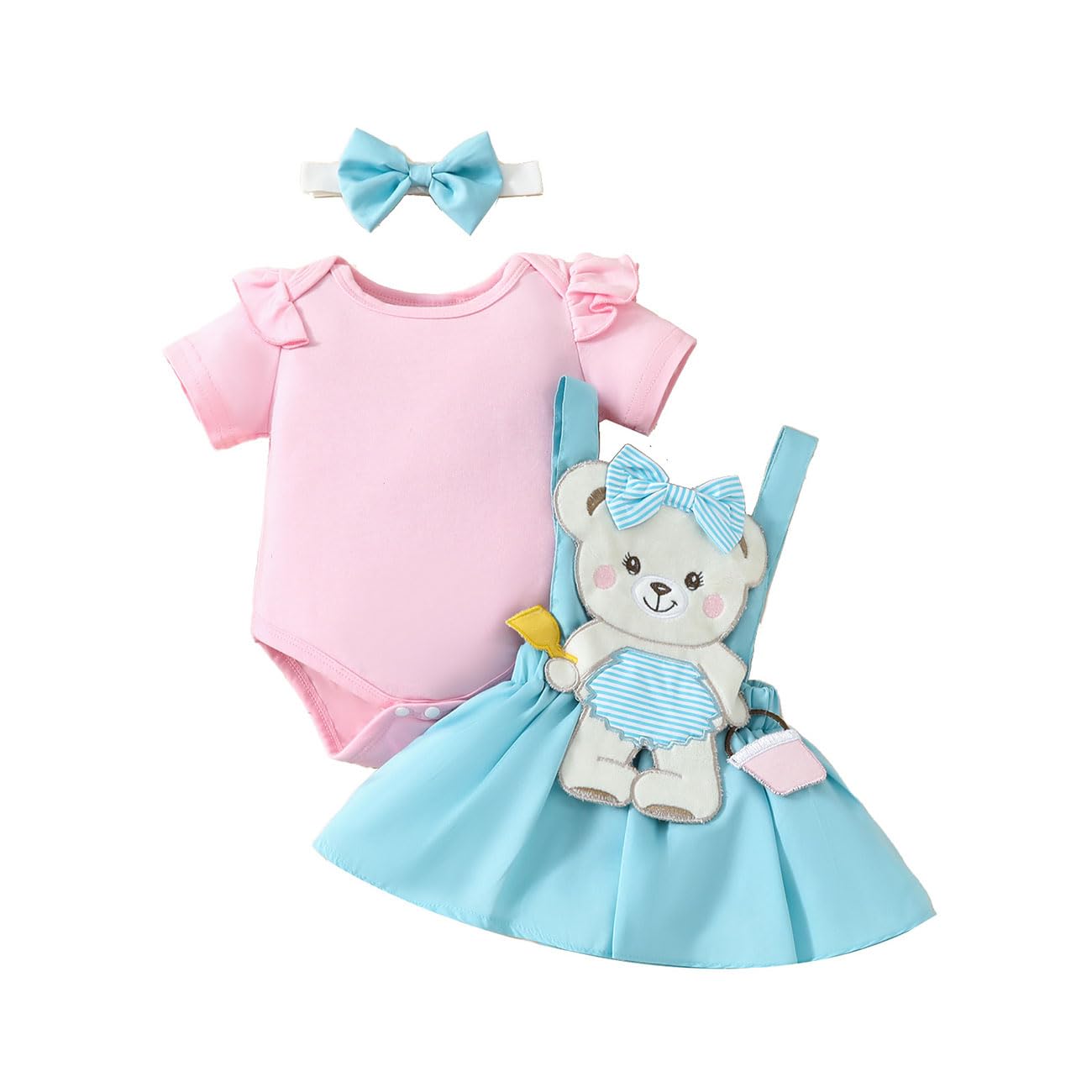 HEOXIN Baby Mädchen Strampler Bär Besticktes Hosenträgerkleid Bowknot Stirnband Kleiderset, Flying Sleeve Rundhalsausschnitt Strampler Top mit Bärendruck A-Linie Prinzessin Kleid für 0-18 Monate, Rosa