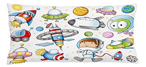 Lunarable Outer Space Throw Pillow Cushion Cover, Cartoon Space Ship Astronaut Alien and Planets Fun Science, Decorative Square Accent Pillow Case, 36
