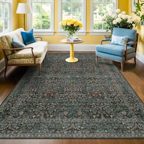 Dark Green Floral Living Room Rug 5x7 Area Rug - Vintage Forest Washable Mat for Dining Room,...