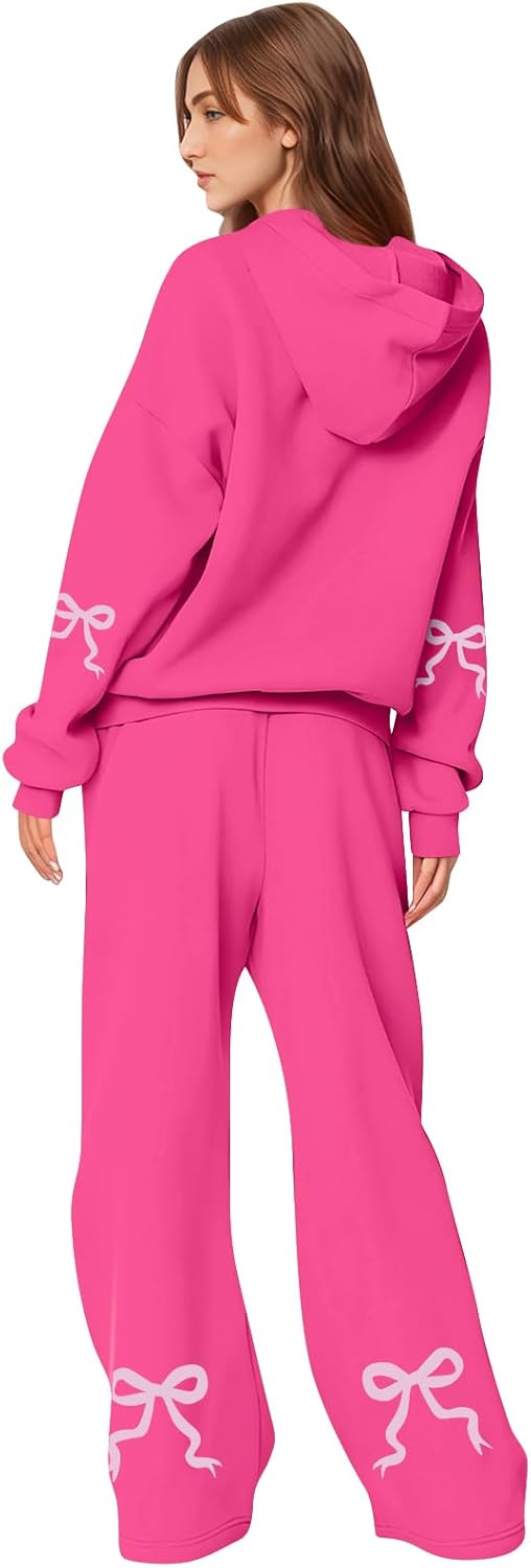 Gumipy Sweatsuits Women 2 Piece Outfit Bow Graphic Cute Hoodies Matching Wide Leg Sweatpants Lounge Sets Fleece Sweat Set