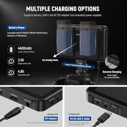 NEEWER F700 7" Camera Field Monitor, 2000nit HD 1920x1080 IPS Touch Screen with 3D LUT, 4K HDMI Loop in/Out with Peak Focus DSLR Video Assist HDR Waveform, Cold Shoe Mount, 2 NP-F750 Batteries & Cable
