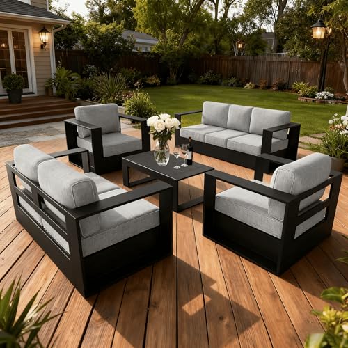 LayinSun Oversized Aluminum Outdoor Furniture Set, 5 Piece Patio Sofa Sets with Coffee Table, Deep Seating and Upgraded 6-inch Cushions for Porch, Balcony, Deck
