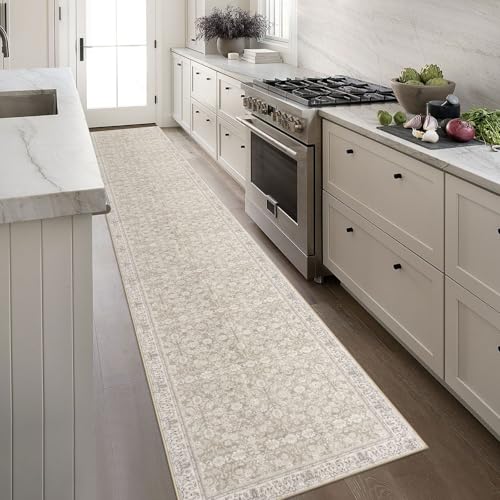 2.6x16 Cream Beige White Grey Washable Runner Rug for Kitchen, Soft Classic Runner with Non-Slip, Non-Shedding Distressed Floral Rug for Hallways Entryway Bedroom Laundry Indoor