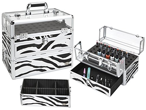 Seya Professional 45 Nail Polish Clear Panel Makeup Artist Organizer Cosmetic Case w/Slide Out Drawer - Zebra