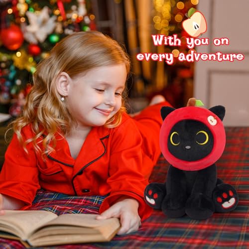 Image of Black Cat Plush - 8inch Cute Stuffed Cat with Red Apple Hood, Creative Fruit Plush Back to School Gifts for Teacher, Kids, Soft Kitten Plushies for Boys Girls, Birthday Gifts