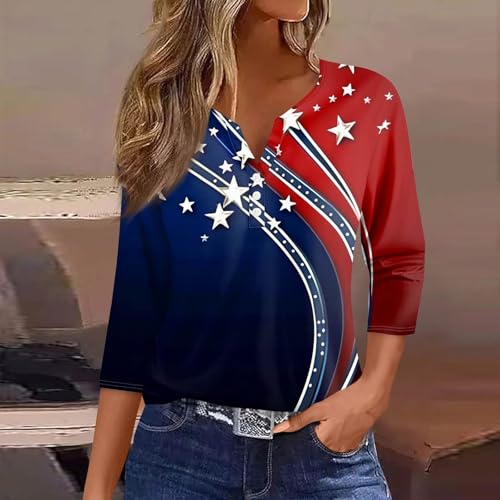 Image of 4th of July Shirts Women 3 /4 Length Sleeve Womens Tops Henley Neck Casual Patriotic T Shirts