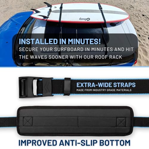 Image of Hang 11 Surfboard Car Rack - Soft Padded Surfboard Roof Rack (Single) | Carries up to 3 Surfboards, Fits Most Vehicles Without Crossbars, Extra-Wide 1.5 inch Straps, Surfboard Rack for Car