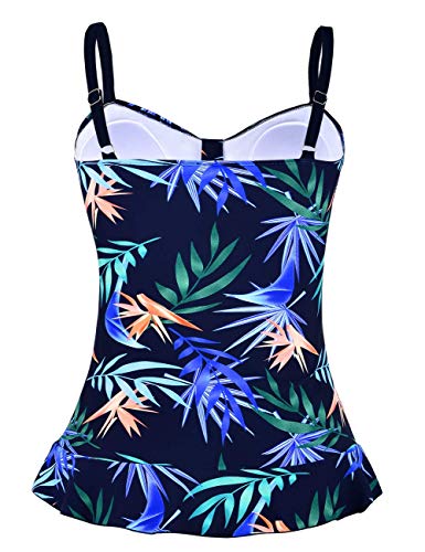 Mycoco Women's Swim Top Padded Ruffle Hem Shirred Swimwear Tankini Swimsuit Top Blue&Green Leaves US 8 - Thumbnail 3