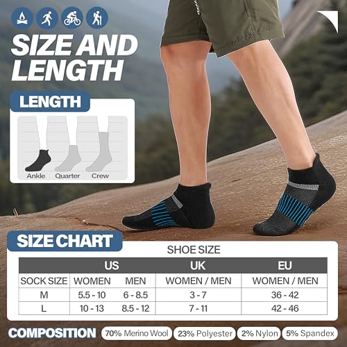 Image of 6 Pairs Merino Wool Ankle Running Hiking Socks Compression Support Breathable Thick Cushion No Show Socks for Women Men
