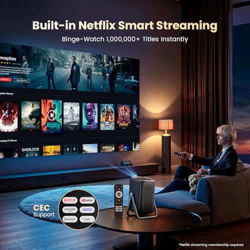 Image of Short Throw Projector 4K Compatible with Netflix,1200ANSI Ceiling Projector Portable for Bedroom /Outdoor Auto focus 6D Keystone Dolby Smart Home Projector with WiFi and Bluetooth 200''