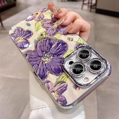 Image of VONZEE Compatible with iPhone 16 Pro Max Case Laser Flower Oil Painting Cute Colorful Blue Ray Bumper with Full Camera Protection Shockproof PC+TPU Glossy Shiny Cover for Girls Women, Purple