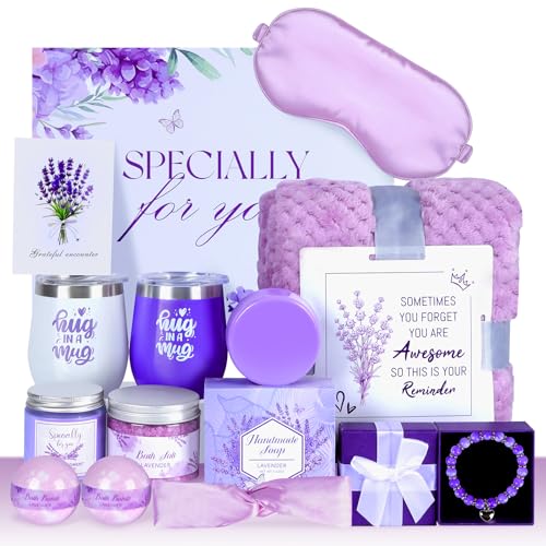 Christmas Gifts Baskets for Women,Get Well Self Care Gifts for Women,Lavender Relaxing Spa Basket with Luxury Flannel Blanket Feel Better Birthday Gifts for Mom Her Sister Wife Girlfriend