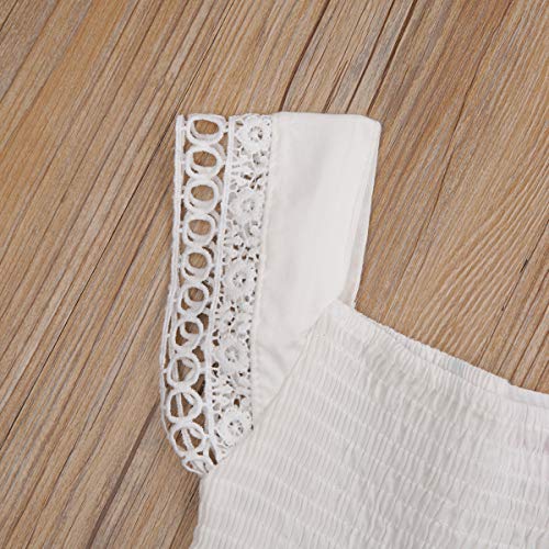LXXIASHI 3PCS Toddler Baby Girl Skirt Set Flared Sleeve Off Shoulder Tube Top + Floral Pleated Skirt+ Belt (Lace Straps - White, 6-7 Years)