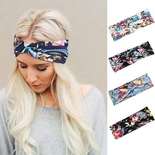 Bohend Boho Headband Wide Flower Boho Bandeau Criss Cross Elastic Daily Use Yoga Athletic Hair Accessories for Women and Girls (D)
