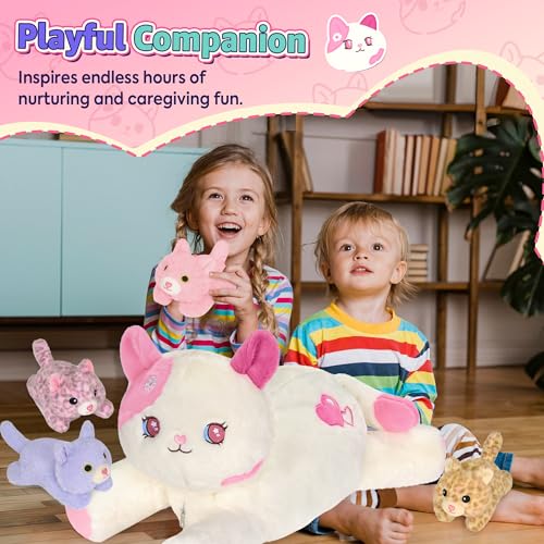 Image of Onsoyours Original 5PC Cat Stuffed Animals with Babies Inside, Kawaii Kiity Plush with Mommy & 4 Kittens - Cute Plushies Toys for Girls Kids (Pink)