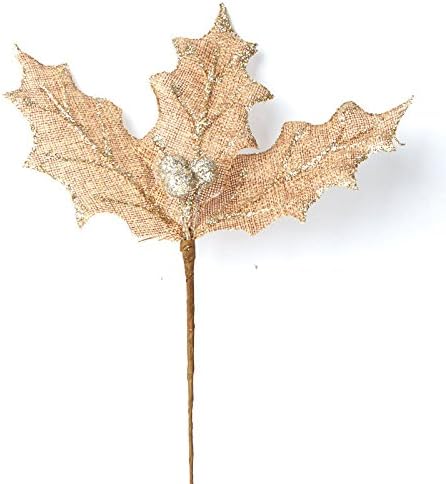 Factory Direct Craft Package of 12 Natural Burlap Holly Leaf Pick - Rustic Christmas Holiday Floral Stem