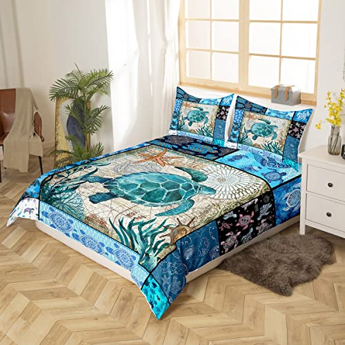 Loussiesd Sea Turtle Bedding Set Blue Boho Tortoise Comforter Cover Set for Kids Women Men Ocean Marine Turtle Duvet Cover Teal Bohemian Bedspread Cover 3Pcs Super King Size - Image 2