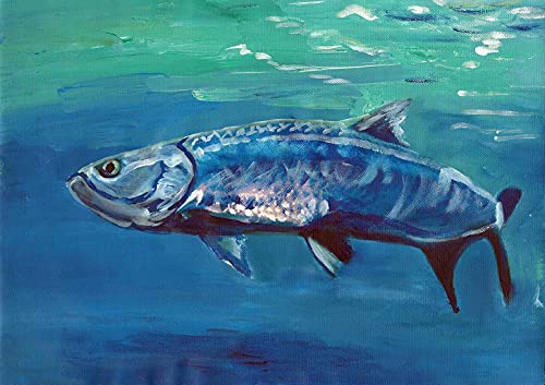 Tarpon Fishing Wall Art Print Hand Signed By Jack Tarpon, Sitting Silver King Fish Artwork Choice Of Sizes, Florida Fishing Wall Decor Marine Ocean Painting Print.