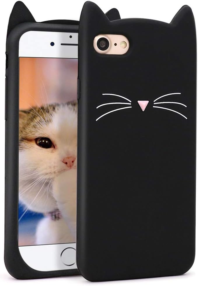 Cute iPhone SE 2022 case, iPhone SE 2020 case, Black Whisker Cat Ears Kitty Case, iPhone 7 case, iPhone 8 case, iPhone 6 case, iPhone 6s case, Funny 3D Cartoon Animal Soft Silicone Cover