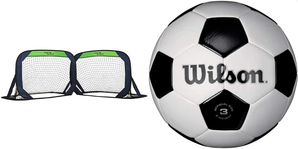 Sport Squad Portable Soccer Goal Net Set - Set of Two 4' Pop Up Training Soccer Goals with Compact Carrying Case - Easy Assembly and Compact Storage & Wilson Traditional Soccer Ball - Black/White