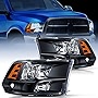 Nilight Headlight Assembly 2009 2010 2011 2012 2013 2014 2015 2016 2017 2018 Ram 1500 2500 3500 Pickup Quad Headlamp Assembly Replacement Black Housing Amber Corner Clear Lens,(Only for Quad Models)