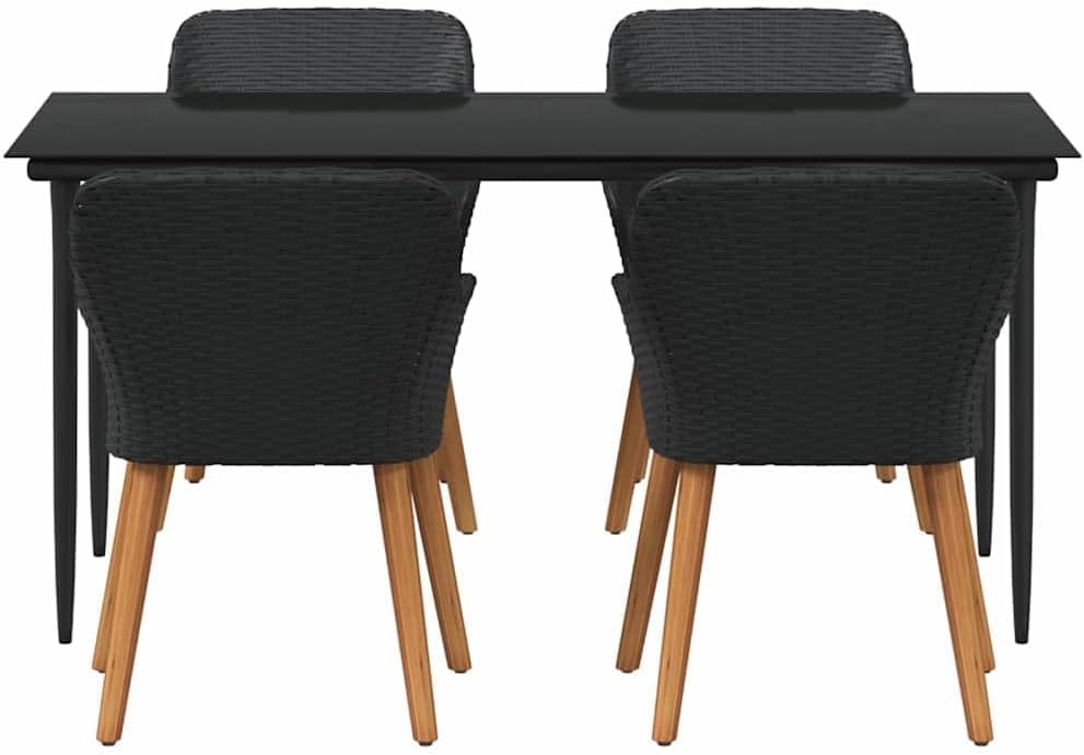 BOWERY HILL 5 Piece Poly Rattan Patio Dining Set, Black Finish, Cushioned Chairs, Tempered Glass Tabletop, Weather-Resistant, Seating for 4, Modern Outdoor Furniture for Garden or Patio Dining
