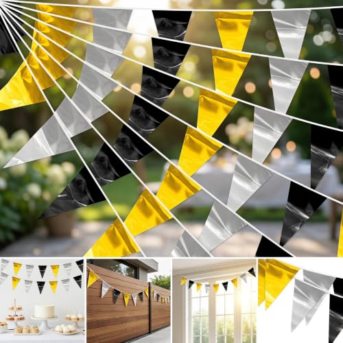 Image of 32.8FT Black Gold Silver Glitter Triangle Pennant Banner Flag Metallic Bunting Outdoor Garland for Christmas Wall Hanging,Graduation, New Years Decorations,Father' Da Decorations Party Decor
