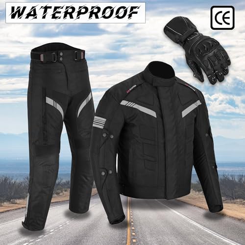 Hive Moto Men’s Motorcycle Suit Waterproof Cordura Jacket with Trousers and Leather Gloves, CE Approved Biker Protection Gear (Black, Small)