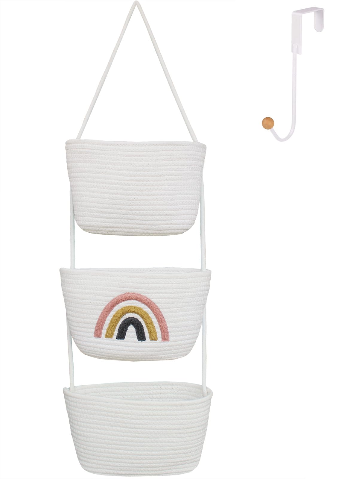 ililmmoe Over Door Hanging Basket for Organizing 3 Tiers Woven Cotton Rope Wall Mount Storage basket Decorative Kitchen Organizer Bathroom Baby Room include 1door hook (Rainbow)