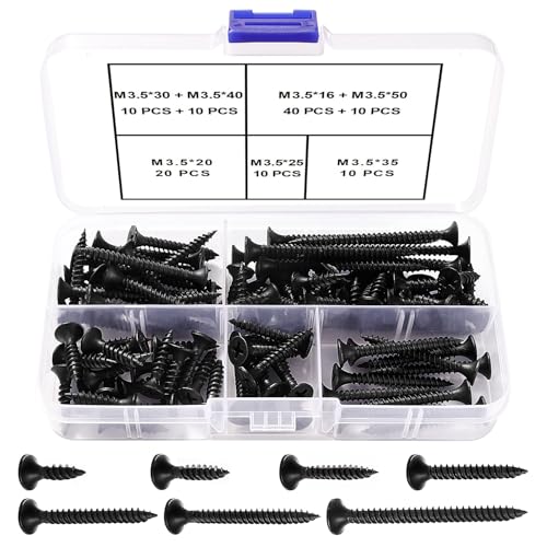 VooGenzek 110 PCS M3.5 Coarse Thread Point Drywall Screws Kit Phillips Countersunk Drywall Screws Plasterboard Wood Screw for Plasterboard Drywall and Wood Black