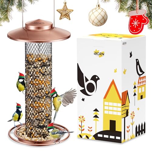 iBorn Peanut Bird Feeder,Sunflower Seed Feeder,13.5 Inch Metal Mesh Tube Bird Feeders for Outdoors Hanging,Squirrel-Proof Birdfeeders for Peanut with 17cm Weatherproof Roof & Tray,2 LB Capacity,Copper