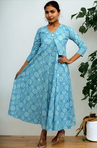 Image of JAIPUR HAND BLOCK Sleeveless Cotton A Line Dress|Gown with Jacket S63