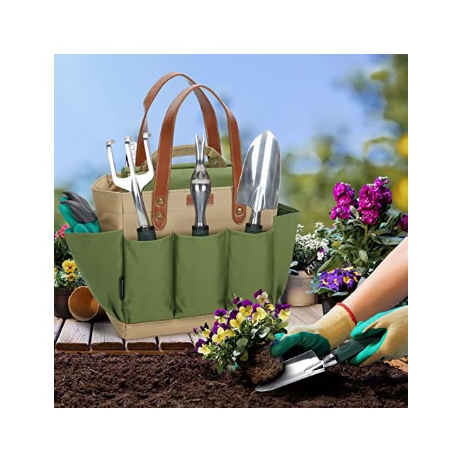Garden Tool Tote Solid Bag with 11 Piece Hand Tools, Best Gardening Gift Set Organizer