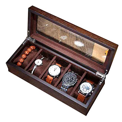 Preisvergleich Produktbild 5 Slots Holzuhr Vitrine Glasplatte Schmuck Sammlung Aufbewahrungsbox Organizer Weidenfurnier Holz Lagerung